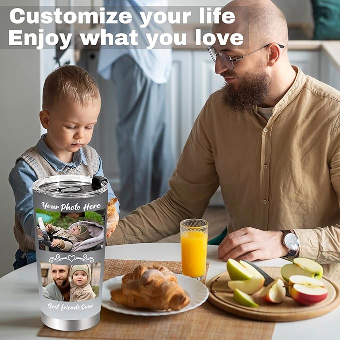 Personalized Tumbler with Pictures Text, Custom Photo Stainless Steel Coffee Tumbler, Coffee Travel Mug Cup 20 Oz Custom Gifts for Fathers Day Christmas Birthday for Dad Mom Kids - Bloomnest