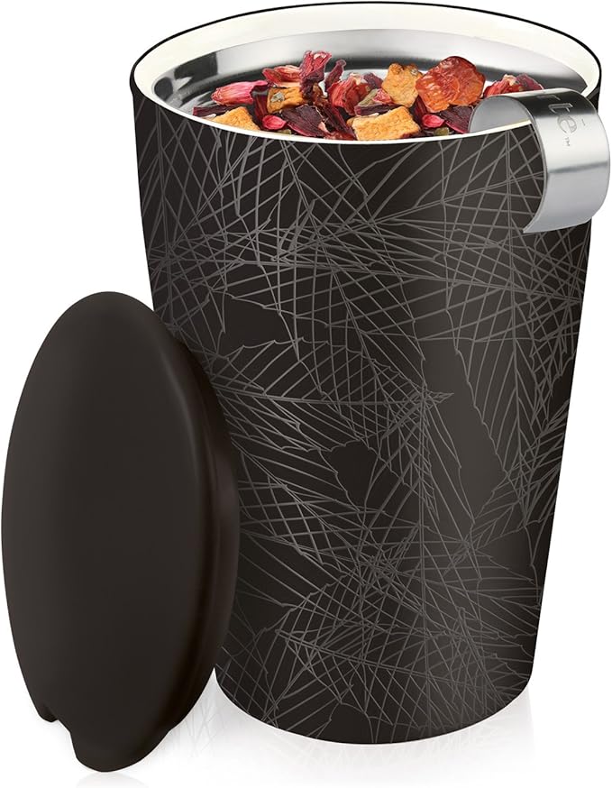 Tea Forte Double-Walled Ceramic Kati Cup, Removable Stainless Steel Infuser Basket and Lid, Steeps 12 oz Loose Leaf Tea, Dishwasher & Microwave Safe, Noir - Bloomnest