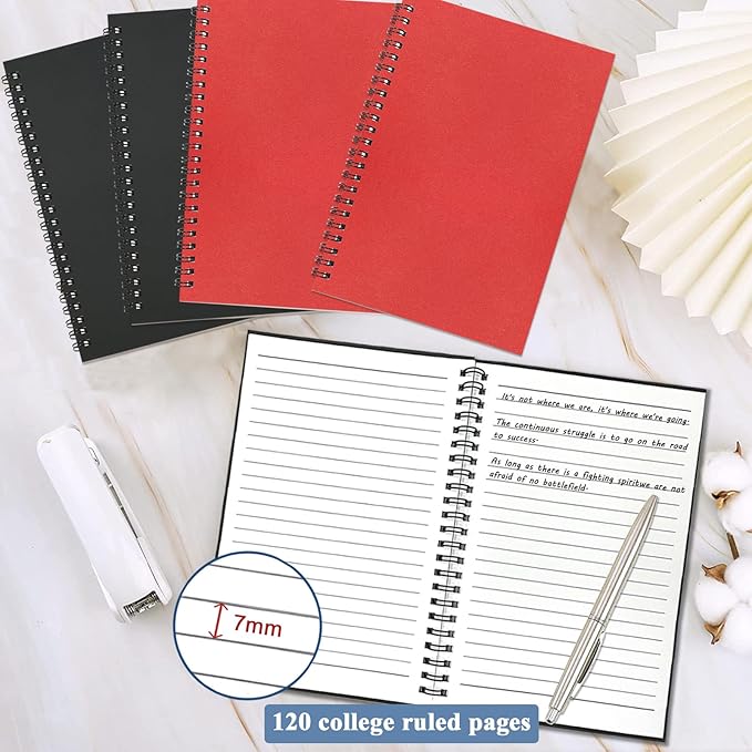 4Pack Small Spiral Notebook A5, 8.25x5.5” 120 Lined Pages Black & Red Wide Ruled Spiral Journal Bulk Blank Kraft Cover Spiral Bound Notebook & Writing Pads for Home Office Meeting Work Note Taking - Bloomnest
