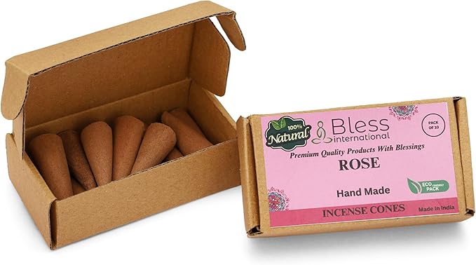 Bless International Rose 100%-Natural-Incense-Cones Handmade-Hand-Dipped Organic-Chemicals-Free for-Purification-Relaxation-Positivity-Yoga-Meditation The-Best-scents (10 Count)