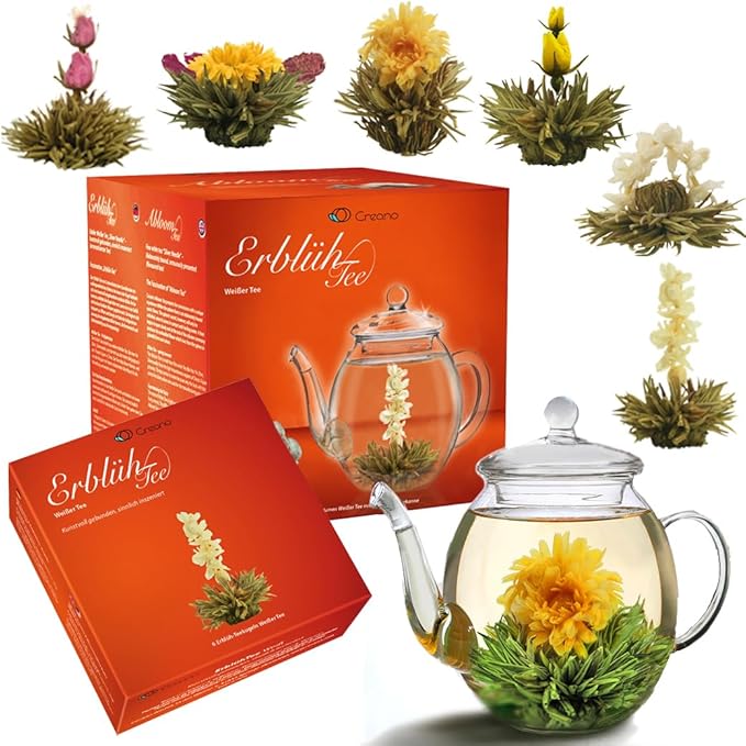 Creano Flowering Tea Gift Set - White Tea – 6 Blooming Tea with 17oz Glass Teapot - Bloomnest