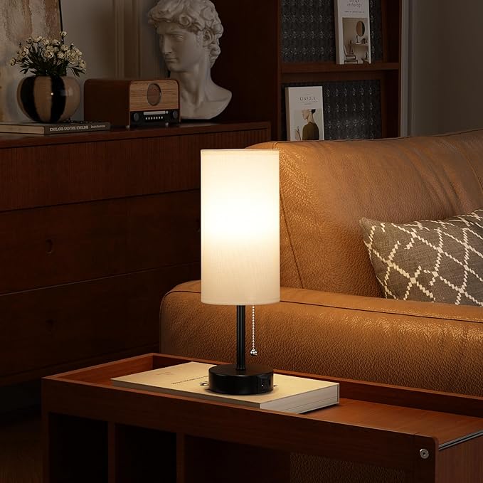 White Bedside Lamps for Bedroom Set of 2 - Nightstand Table Lamp with USB A + C Charging Port, 3 Color Temperatures Pull Chain Night Stand Light, Side Table Desk Reading Lamp for Living Room/Dorm - Bloomnest