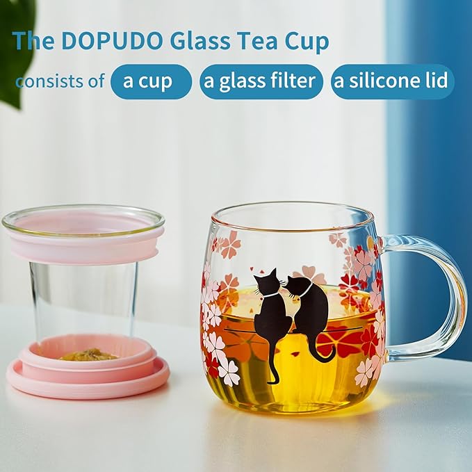 Glass Tea Cup with Infuser and Lid, 16.2oz/480ml Large Borosilicate Teacup,Tea Glass, Clear Mug for Loose Leaf Tea, Blooming Tea, Microwave & Dishwasher Safe - Tea Maker Gift for Birthday - Bloomnest