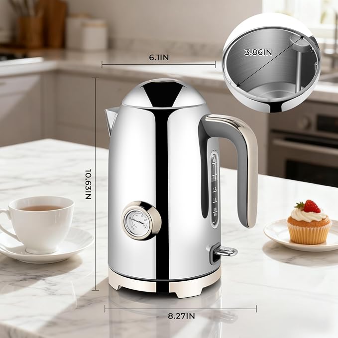 SUSTEAS Electric Kettle - 57oz Hot Tea Water Boiler with Thermometer, 1500W Fast Heating Stainless Steel Pot, Cordless LED Indicator, Auto Shut-Off & Boil Dry Protection, Glossy Silver - Bloomnest