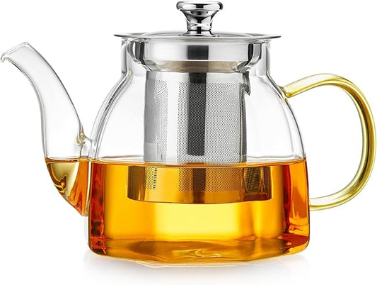 Glass Tea Pot with Stainless Steel Infuser and Lid (Octagonal), Clear Glass Teapot, Borosilicate Hydrochloric Glass Heat Resistant, Fine Glass Filter for Flower Tea, Tea Bags (27 oz / 800 ml) - Bloomnest