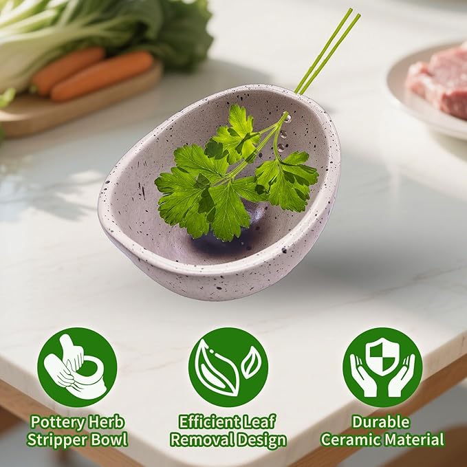 Herb Stripper, Herb Chopper, Herb Stripper Bowl, Kitchen Herb Stripping Tool for Kale, Small Pottery Herb Stripper Ceramic Bowl, Suitable for Peeling off the Leafy Assembly (White Glaze) - Bloomnest