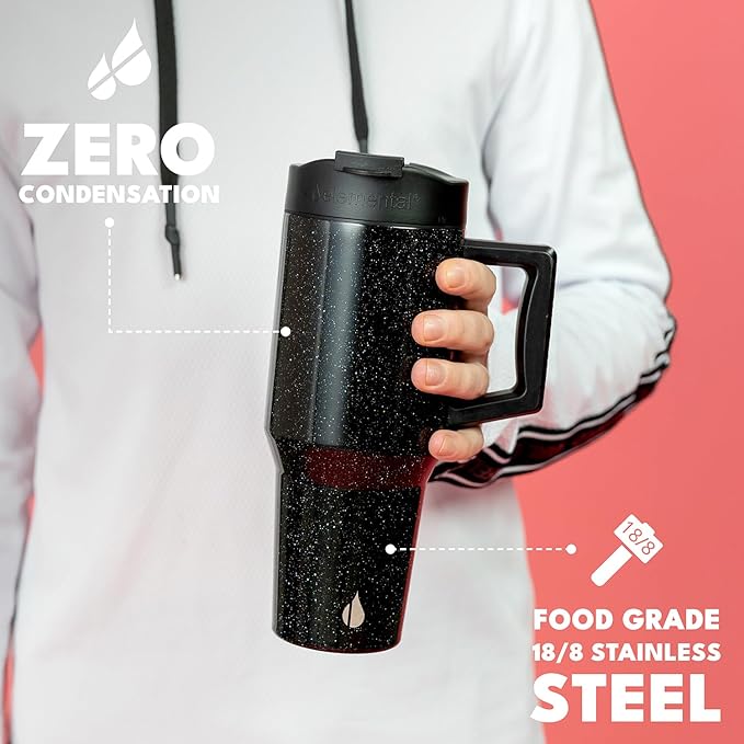 Elemental 32 oz 100% Leak Proof Tumbler with Handle & Straw - Stainless Steel Double Wall Insulated Tumbler for Hot and Cold Beverages - Travel Coffee Mug with Sip & Straw Lid - Black Speckle - Bloomnest
