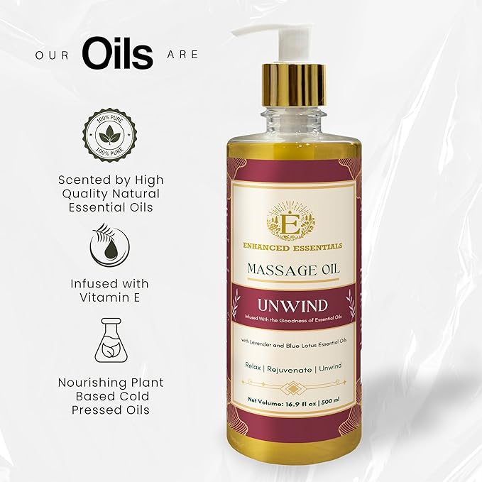 Luxurious Massage Oil with Rosehip,Apricot & Vitamin E by Enhanced Essentials|Scented with Pure Essential Oils only|Silky, Fast-Absorbing,Relaxing Formula|Non-Greasy & Nourishing|500ml (16.9 fl oz)