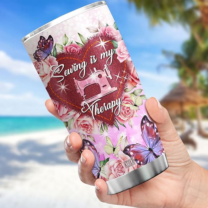 Sewing Is My Therapy Stainless Steel Tumbler 20 Oz Flower Butterfly Christmas Gifts For Quilters And Sewers Women Birthday Insulated Cup With Lid Coffee Mugs About Quilting - Bloomnest