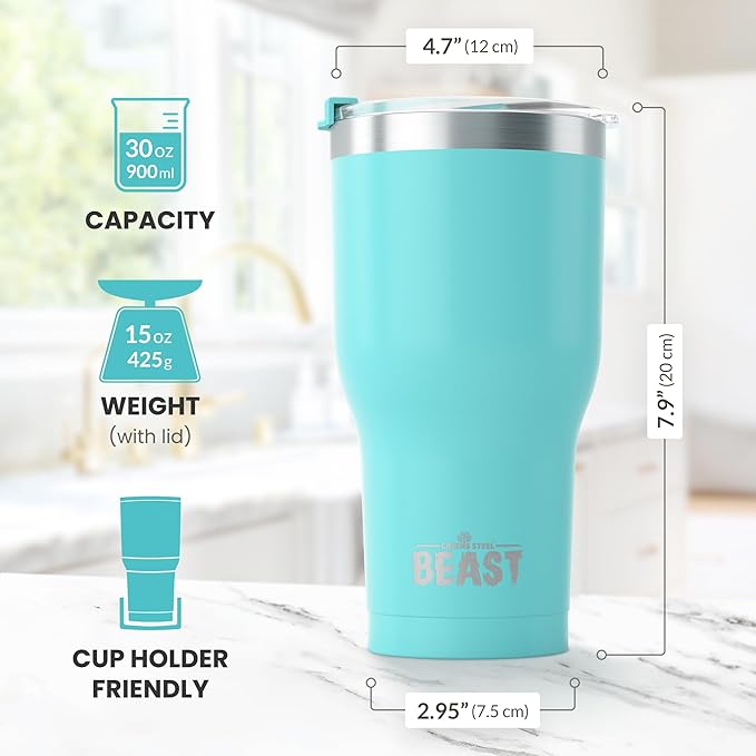 Beast 30 oz Tumbler Stainless Steel Vacuum Insulated Coffee Ice Cup Double Wall Travel Flask (Aquamarine Blue) - Bloomnest