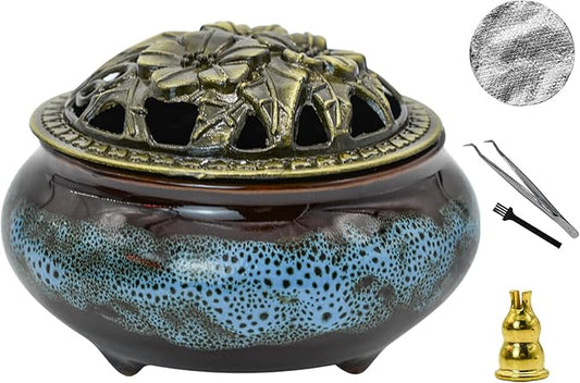 MrMrKura Ceramic Incense Burner with Lid, Incense Holder for Sticks Incense Cone Holder with Brass Incense Stick Holder for Yoga Meditation Home Decor (Fambe Blue) - Bloomnest