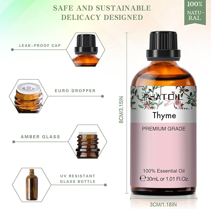Thyme Essential Oil, 1.01Fl.Oz (30ML) PHATOIL Pure Essential Oil Singles for Aromatherapy Diffusers, Humidifiers, Great for DIY Candle and Soap Making, Gift for Friend PHATOIL