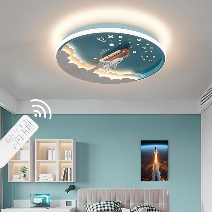 Modern Ceiling Light Fixtures Dimmable LED Kids Room Ceiling Lamp 20" Kitchen Ceiling Light with Remote Control 3000k-6000k Blue Cartoon Rocket Semi Flush Mount Ceiling Lights for Bedroom - Bloomnest