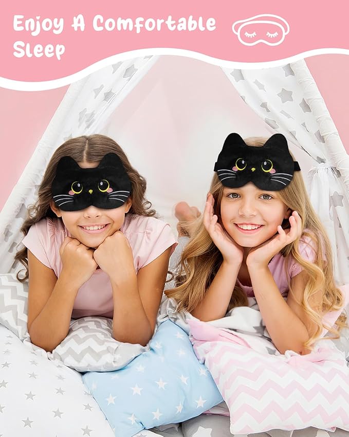 Sleep Mask for Kids - Cute Cartoon Plush Fuffy Sleeping Eye Cover Black Cat Kawaii Soft Eyeshade with Adjustable Strap Animal Eye Blindfold for Kids Girls Boys Teens - Bloomnest