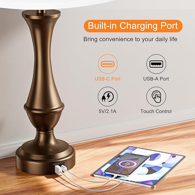 Seealle Upgraded Touch Lamps for Night Stands Set of 2 - Bedside Lamps with USB C+A, 3 Way Dimmable for Bedroom Living Room End Tables Office (White&Brown) - Bloomnest