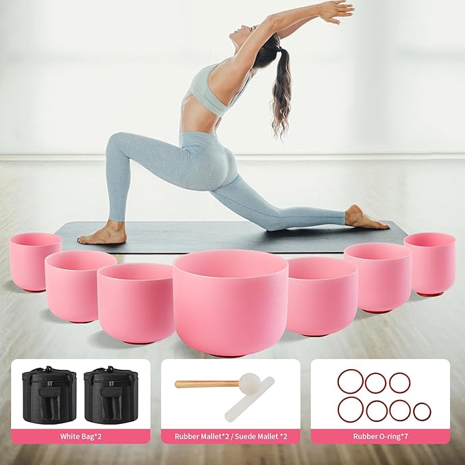 432HZ 6-12 Inch Pink Color Frosted Quartz Crystal Singing Bowls Chakra Set of 7 with Carry Case Bags for Sound Healing and Meditation