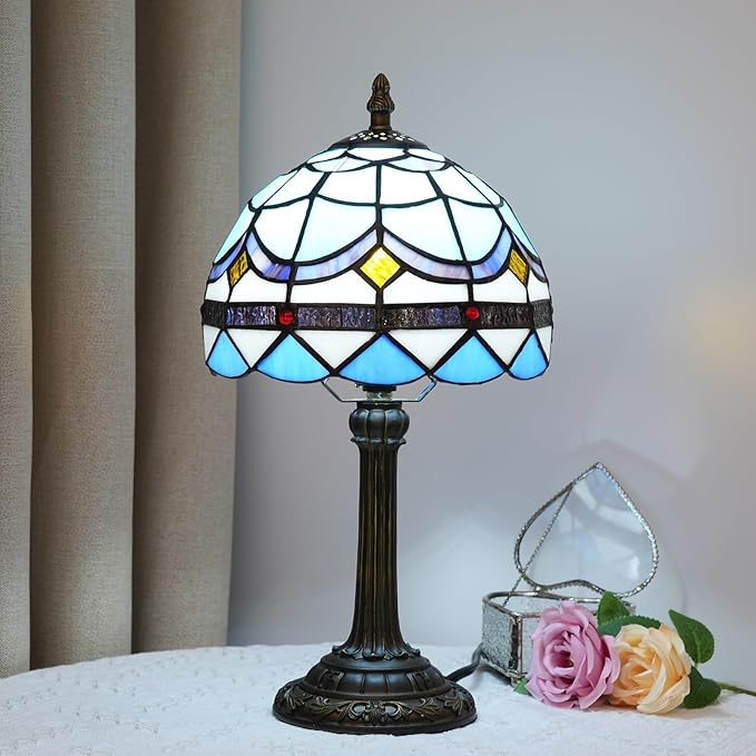 Tiffany Lamp 8 Inch Small Stained Glass Table Lamp Blue Mediterranean Handmade Warm Reading Bedside Lamp Dining Room Bedroom Living Room Office Study Tiffany Style Retro Home Decoration Crafts（feath） - Bloomnest