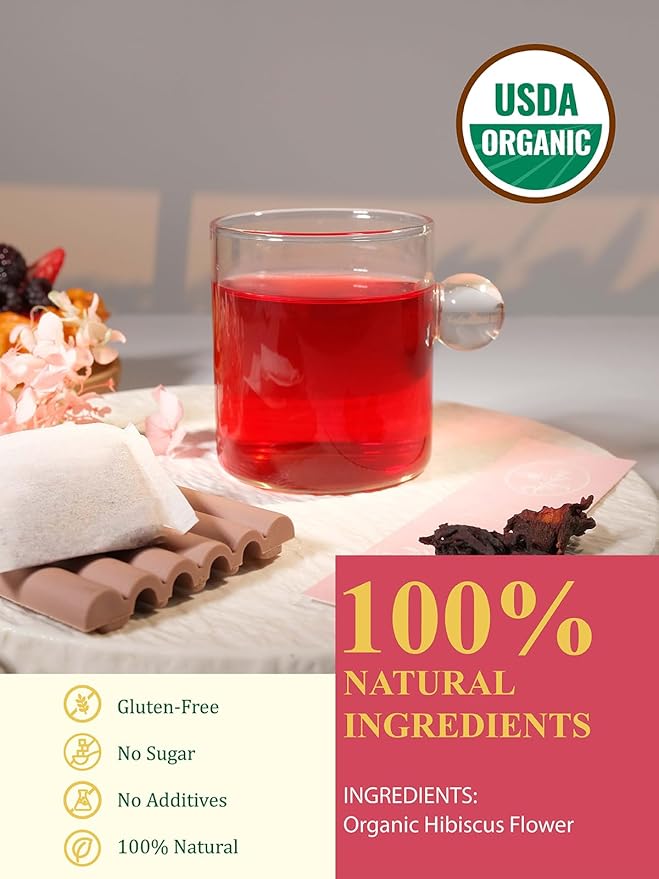 GLDNT Organic Hibiscus Tea Bags, Caffeine Free, Natural Flowers, Refreshing Tart Flavor, 100 Count - Bloomnest