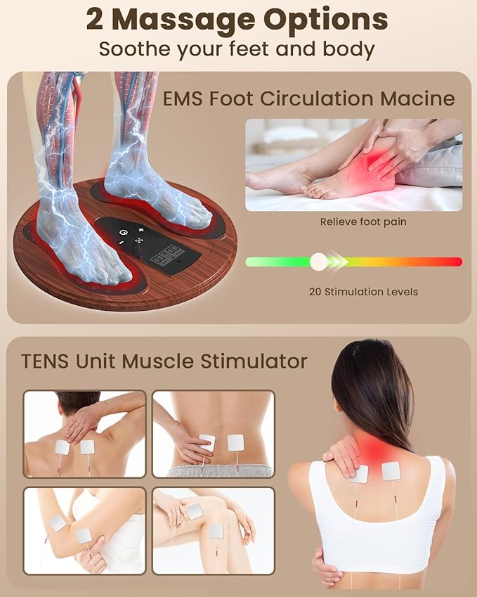 EMS Foot Massager for Neuropathy, Newly Red Light Therapy Foot Stimulator for Neuropathy Feet Nerve Electric NMES Feet Massager for Circulation and Pain Relief with 4 TENS Unit Muscle Stimulator Pads
