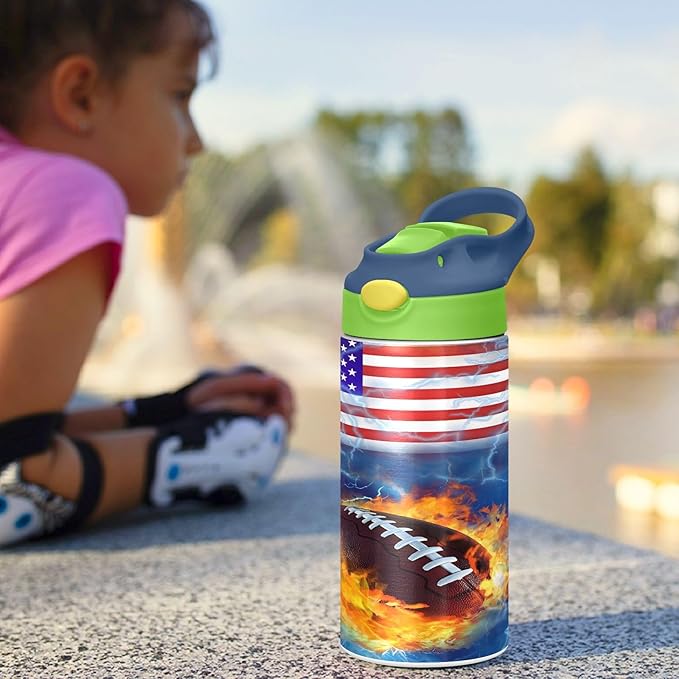 Rugby Football America Kids Water Bottle with Straw Lid Insulated Tumbler with Handle Stainless Steel Reusable Toddlers Cup for Kids Boys 12 oz - Bloomnest