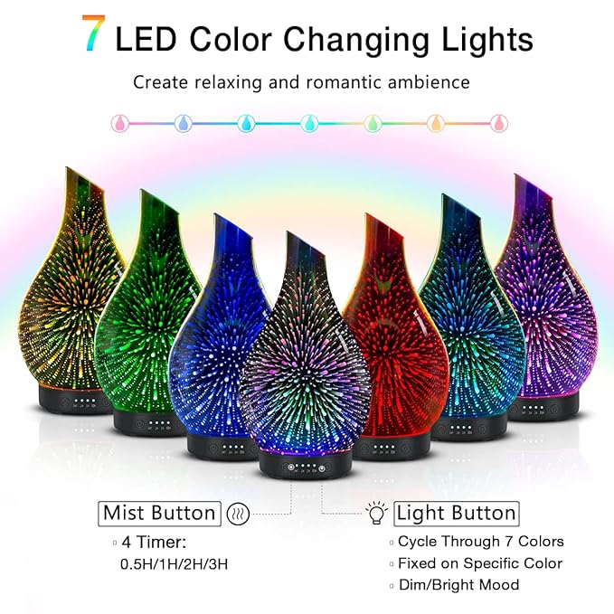 Essential Oil Diffuser 120ml Ultrasonic Aromatherapy Diffuser with Handmade Glass with Auto Shut-Off Protection 4 Timer Setting 7 Colors Changed LED Diffuser for Home Yoga Office Gifts for Women - Bloomnest