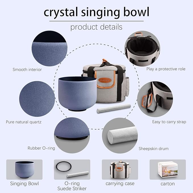 RYAN DVAN 8” A Note Indigo Frosted Third Eye Chakra Crystal Singing Bowl with Free Heavy-Duty Carrying Case and Suede Striker O-Ring - Bloomnest