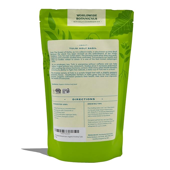 Worldwide Botanicals Organic Holy Basil Tea, 8oz - Tulsi Krishna - Loose Leaf Premium Herbal Tea, 100% Pure Tulsi Holy Basil, Fair Trade, Adaptogenic, Kosher - Bloomnest