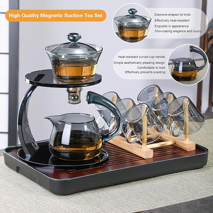 Magnetic Glass Tea Pot Semi Automatic lazy Kungfu Drip TeaPot Magnetic Rotation Heat Resistant Teapot Magnetic Attraction Water Rotating Cover Bowl Suitable for Home/Office Reception Tea Set - Bloomnest