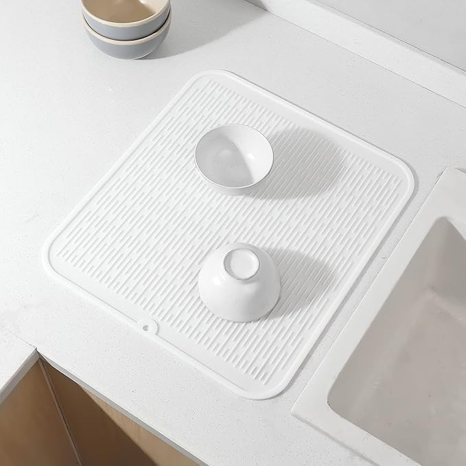 Silicone Dish Drying Mat for Multiple Usage,Easy clean,Eco-friendly,Heat-resistant Silicone Mat for Kitchen Counter or Sink,Refrigerator or Drawer Liner White XL 18 inches x 16 inches - Bloomnest