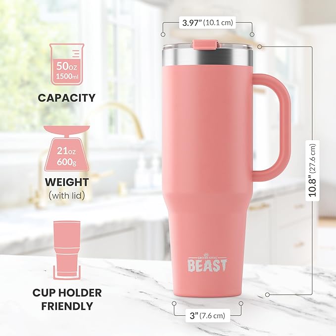 Beast 50 oz Tumbler Stainless Steel Vacuum Insulated Coffee Ice Cup Double Wall Travel Flask (Blossom Pink) - Bloomnest