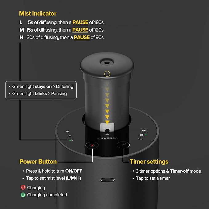 Waterless Essential Oil Diffuser for Home Aromatherapy Scent Diffusers with 3 Countdown Timer Settings or Timer-Off, 3 Mist Levels for Car Room Studio Office, Premium Metal Black and Gold 2 Pack - Bloomnest