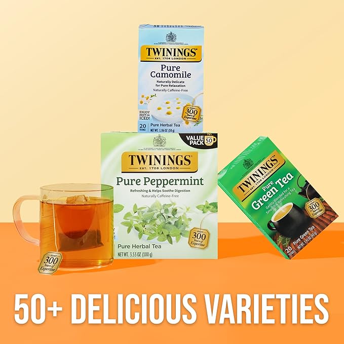 Twinings Pure Peppermint Herbal Tea Individually Wrapped Bags, 50 Count (Pack of 6), Fresh Minty Flavour, Naturally Caffeine-Free, Enjoy Hot or Iced, 300 Teabags - Bloomnest