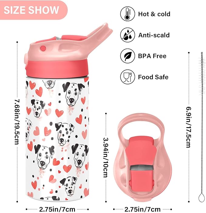 Love Dalmatian Dog Kids Insulated Water Bottle, Toddlers Tumbler Travel Cup with Straw & Handle Stainless Steel Cup for Travel School Girls 12 oz - Bloomnest