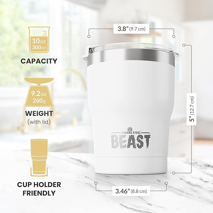 Beast 10 oz Tumbler Stainless Steel Vacuum Insulated Coffee Ice Cup Double Wall Travel Flask (Arctic White) - Bloomnest