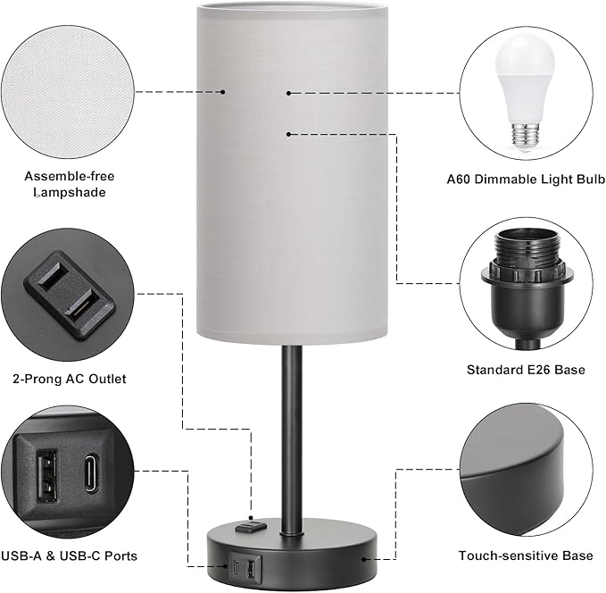 Fenmzee Touch Bedroom Lamp - Grey, 3-Way Dimmable, USB A + C Charging, AC Outlet, 17.4inch Medium - Bloomnest