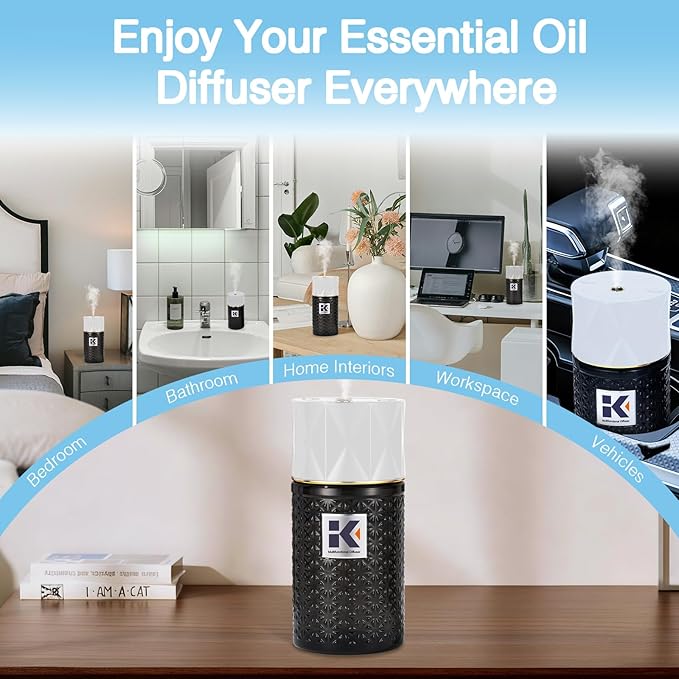 Ikeda Essential Oil Diffuser with Negative Ions, 250ml Glass Aromatherapy Diffuser with 10mL Lavender Essential Oil,3 Modes & 2000 mAH Battery Operated Car Diffuser with Night Light for Home CarAirFreshener
