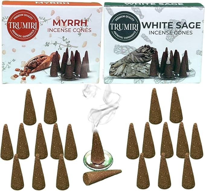 TRUMIRI Incense Cones - Combo Pack of 20 Cone Incense - 10 White Sage + 10 Myrrh TRUMIRI