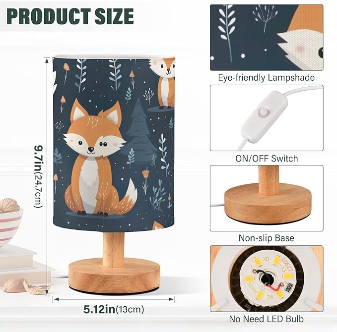 Bedside Lamp Cute Fox Animal Table Lamp with USB Port Wood Base for Living - Bloomnest