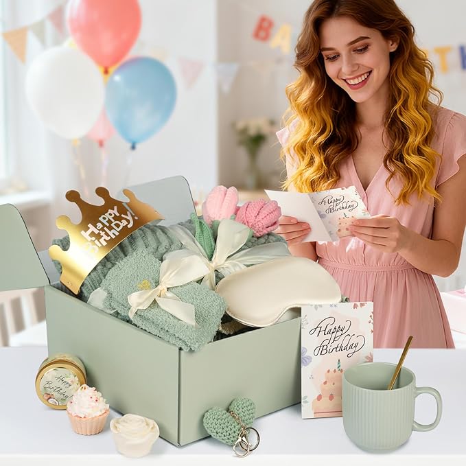 Birthday Gifts for Women - 13PCS Unique Happy Birthday Gifts Basket for Mom Her Best Friend Sister Wife Girlfriend Coworker - Relaxing Spa Self Care Package Get Well Soon Gifts Set (Green) - Bloomnest