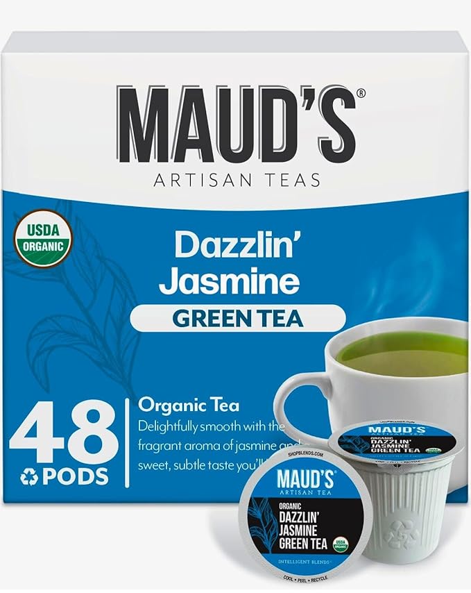 Maud's Organic Jasmine Green Tea Pods, 48 ct, Recyclable Single Serve Tea Pods – 100% Gourmet Blended Tea Leaves, Compatible with Keurig K Cups Maker - Bloomnest