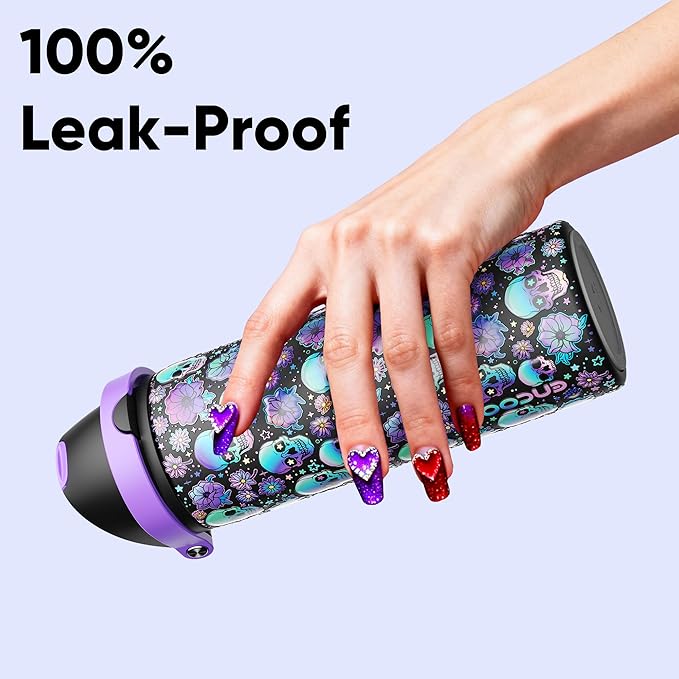 Insulated Water Bottle with Straw - Encool Stainless Steel Water Bottle with Push Button Lid, Leak-Proof & BPA-Free, Keeps Cold for 24 Hours for Sports, Travel, Gym (24 oz, Floral Afterlife) ENCOOL