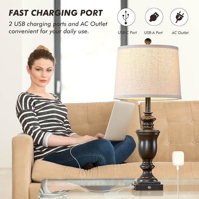 27.5" Set of 2 Farmhouse Table Lamps for Bedroom, 3 Way Dimmable Bedside Lamp with 2 USB +AC Outlet Nightstand Lamps for Living Room Resin Rustic Touch Lamps (Antique Black) - Bloomnest
