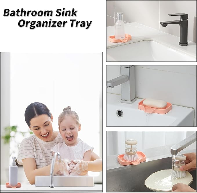 Silicone Bathroom Soap Dishes with Drain Spout-Bathroom and Kitchen Sink Organizer,Sponge Holder,Dish Soap Tray,Perfect for Dispenser,Scrubber,Bottle,Cup on Sink or Counter-Pink 4.9"×3.2" - Bloomnest
