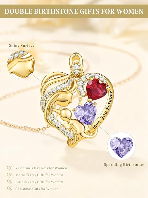 14K Gold Double Birthstone Heart Necklace for Women Mom, Mother Son/Daughter Pendant Necklace for Christmas Mother's Day Birthday Gifts for Wife Daughter Grandmom - Bloomnest