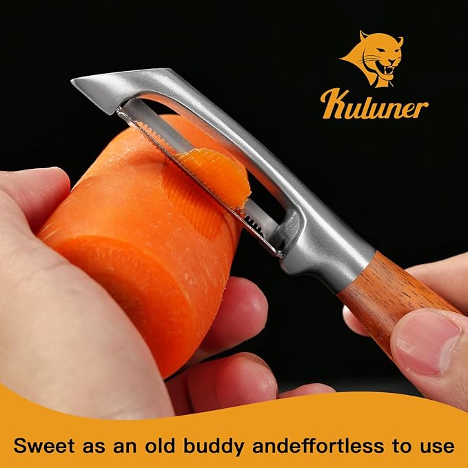 Serrated Blade Premium I Type 304 Stainless Steel Multifunctional Kitchen Peeler Real Wood Handle Ultra Sharp Blade Vegetable Potato Apple(Boluoge) - Bloomnest