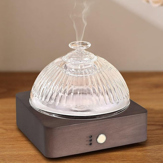 Glass Essential Oil Diffuser with Glass Reservoir & WoodBase, 200ml Ultrasonic Lock Color Timer Auto-Off 7 Color Light Aroma Glass Dome Diffuser for Home Office Bedroom Yoga - Dark Brown - Bloomnest