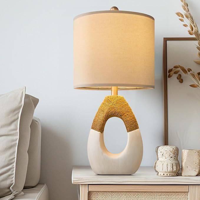 OYEARS 19” Boho Table Lamps Bedroom Living Room,Suitable for Small Space,Farmhouse Rattan Lamp Rustic Egg Design Resin Nightstand Bedside Lamps for Bedroom Living Room Office Study Rest Decor - Bloomnest