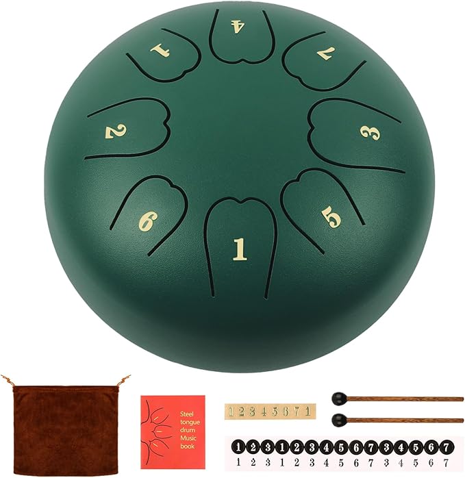 Rain Drum For Outside, Steel Tongue Drum 6 Inch 8 Notes, Tongue Drum with Mallets for Musical Education Entertainment Gifts (Dark Green, 6 Inch)