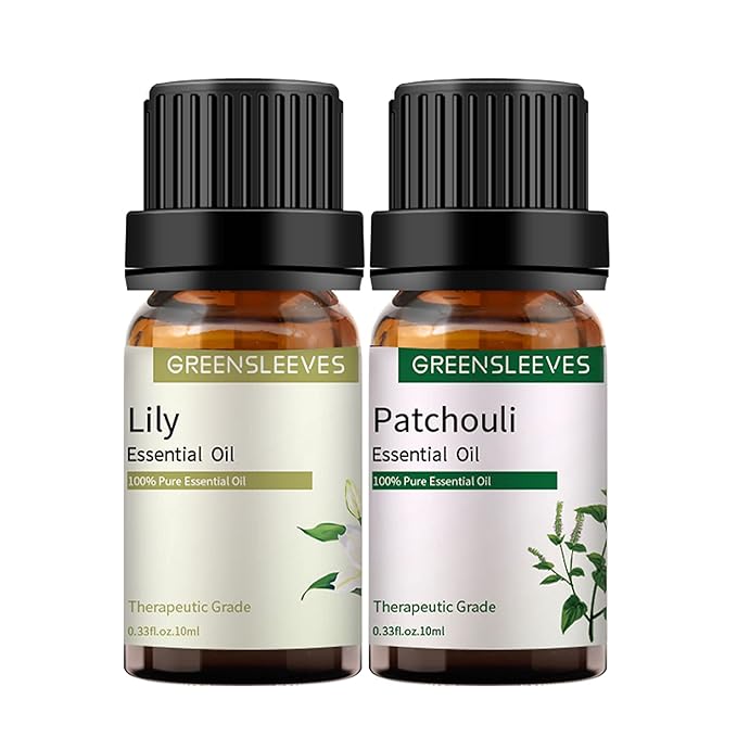 GREENSLEEVES Patchouli Lily Essential Oil Set, 2 x 10ml Pure Plant-Based Fragrance Oil for Aromatherapy, Essential Oils for Diffuser, Massage, Bath Bomb, Scented Candle Soap Making GREENSLEEVES