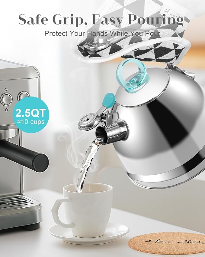 Harriet Tea Kettle Stovetop, 2.5 Quart Whistling Stainless Steel Tea Pot, 3-Layer Base, Unique Ergonomic Handle, Includes Pot Holder & Mat, Electric/Induction/Gas Stovetops Applicable, Mirror Finish